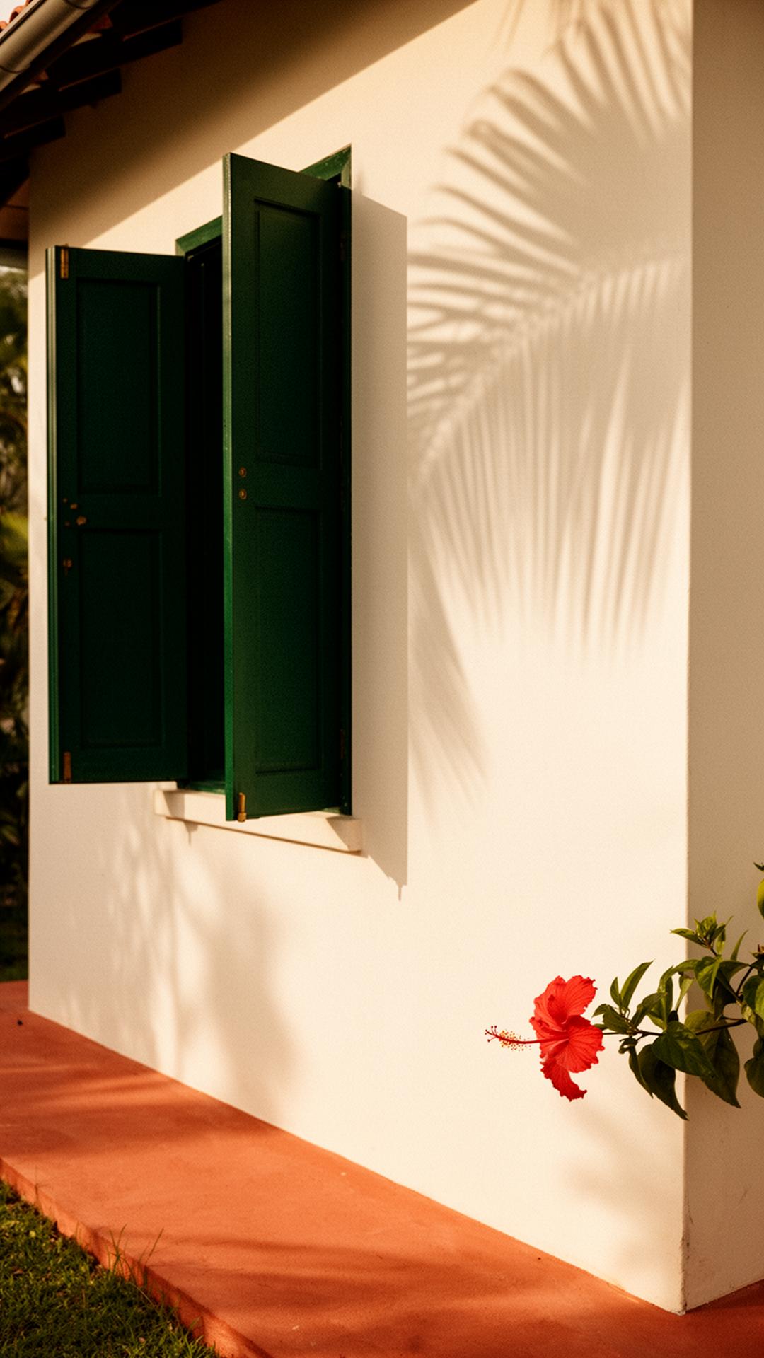 Façade créole, persiennes vertes et hibiscus, Île Maurice